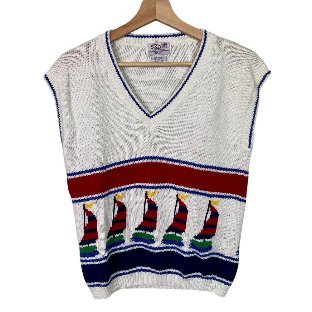 SKYR Vintage Sweater Vest Sailboats 80's 90's Nautical Size 38 Ramie Cotton Knit